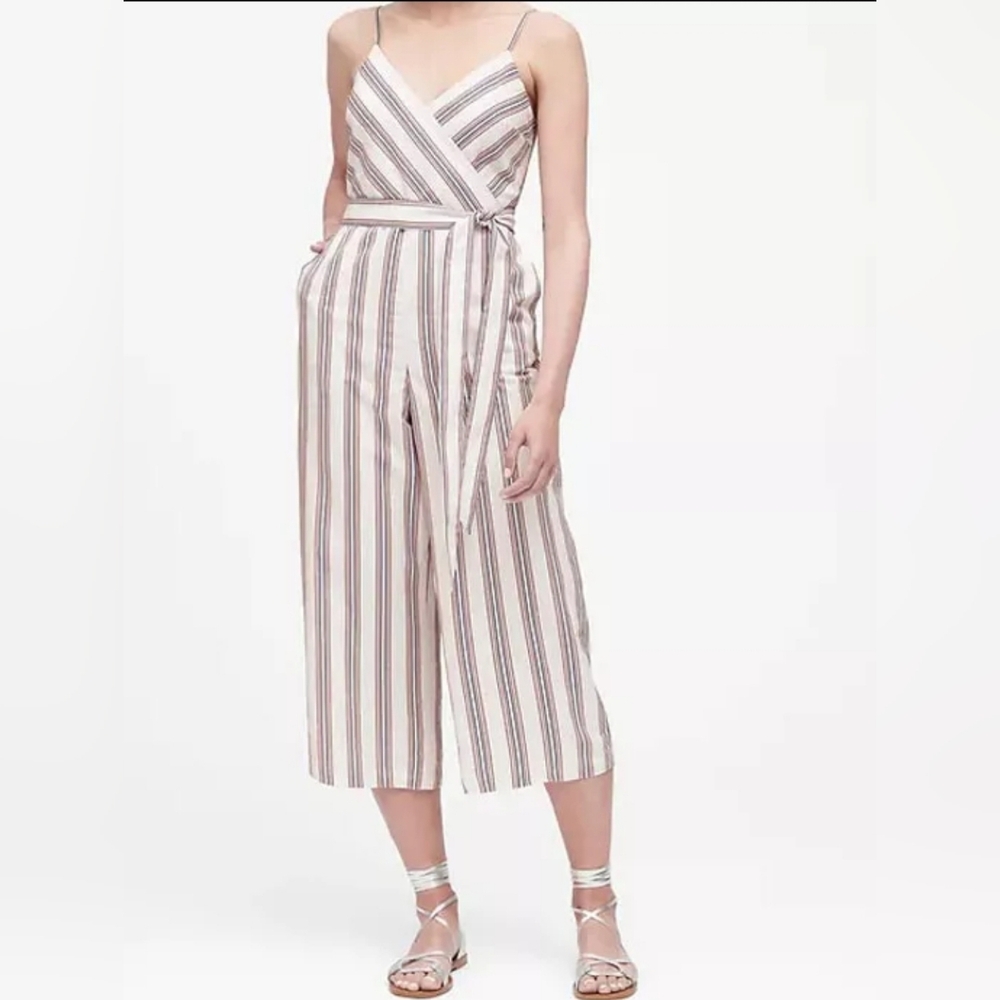 Banana Republic Cropped Wide Leg Jumpsuit Pink & White Stripe Linen Cotton Sz 6
